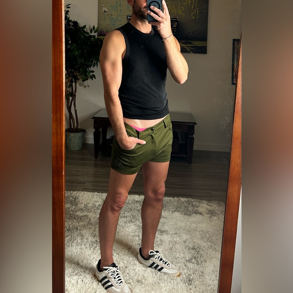 SOLD Andrew Christian | SoHo 3" Stretch Shorts in Olive Green (Medium / 32W) - Picture 6 of 13